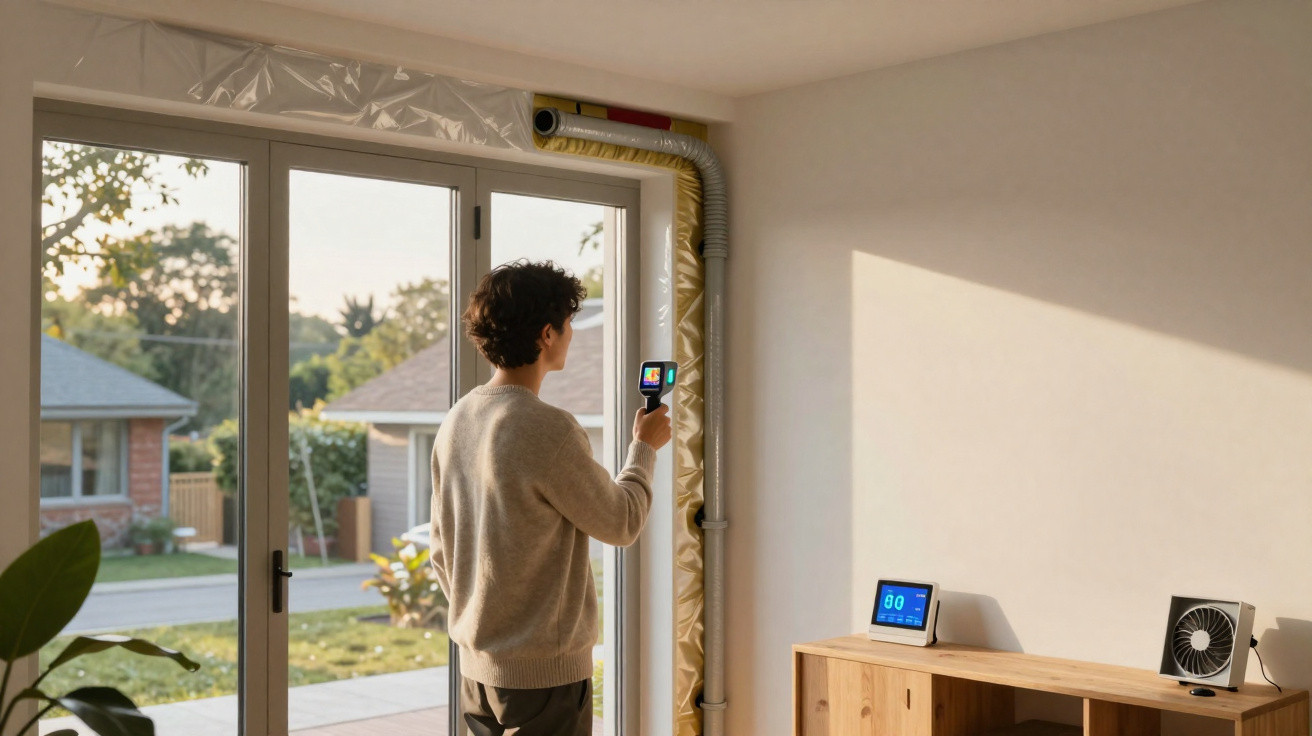 Person using a thermal camera to inspect insulation around a door in a sunlit modern room.