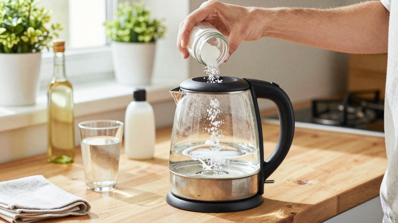 Hand pouring white granules from a jar into a glass electric kettle filled with water on a wooden countertop.