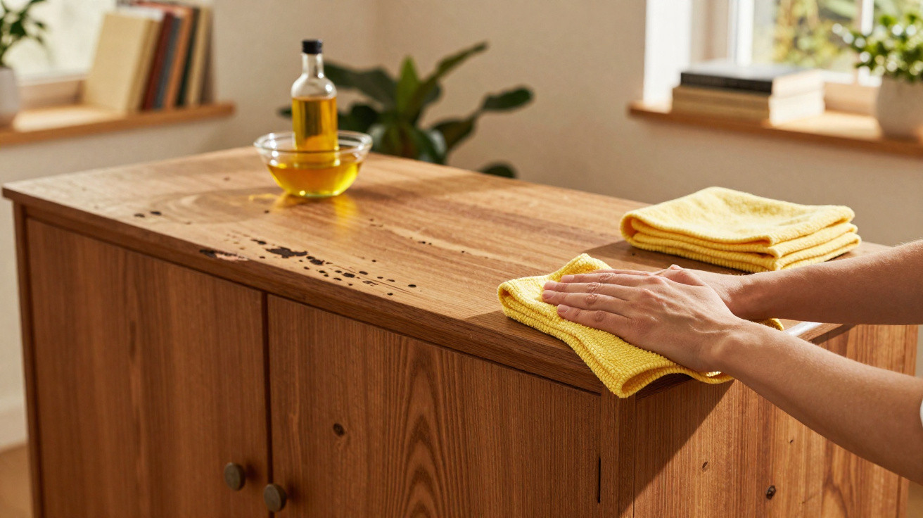 Person cleaning wooden cabinet surface with yellow cloth and oil in bright room with plants and windows.