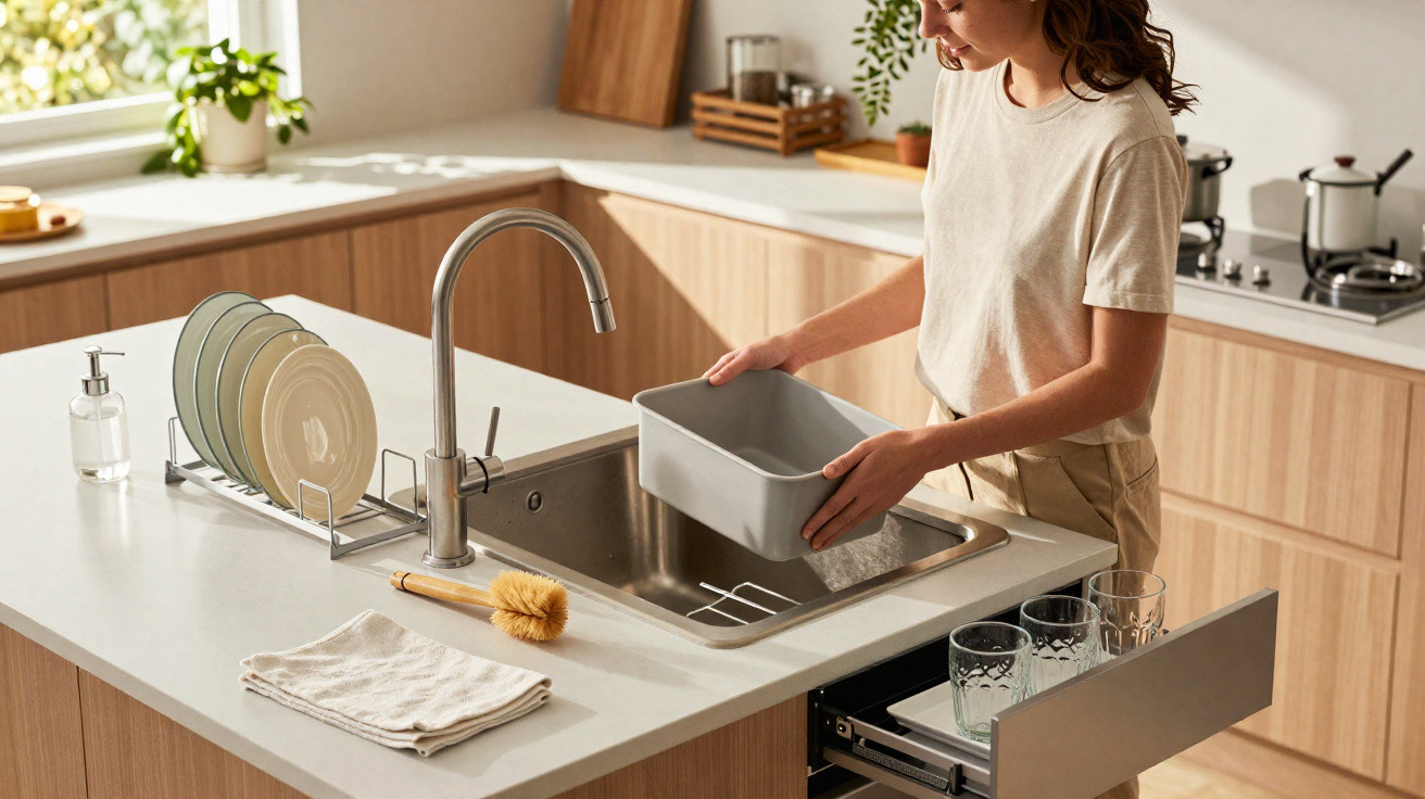 Person rinsing a plastic container at a kitchen sink with drying dishes and glasses nearby.
