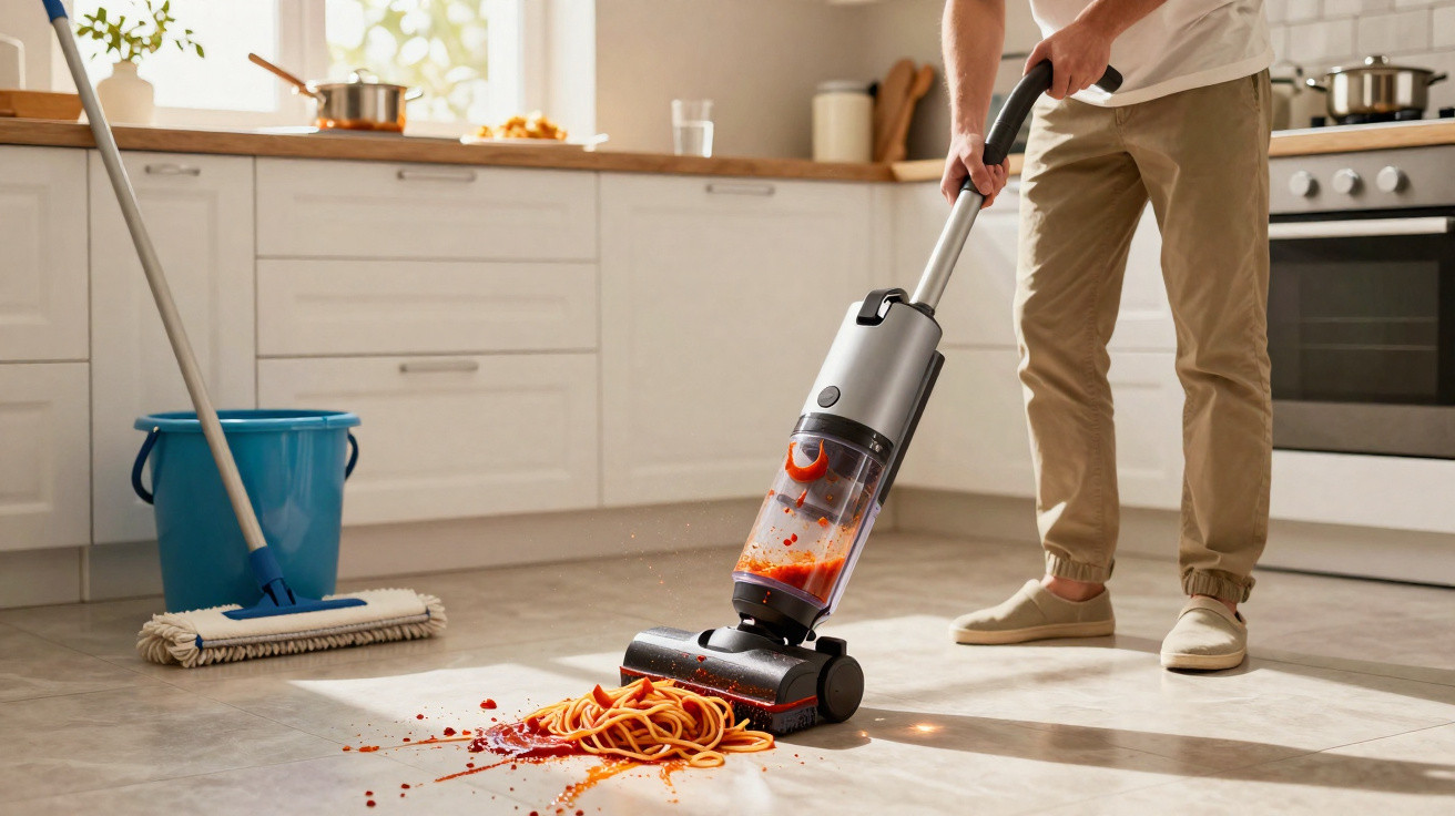 Person vacuuming up spilled spaghetti and tomato sauce from a modern kitchen floor.