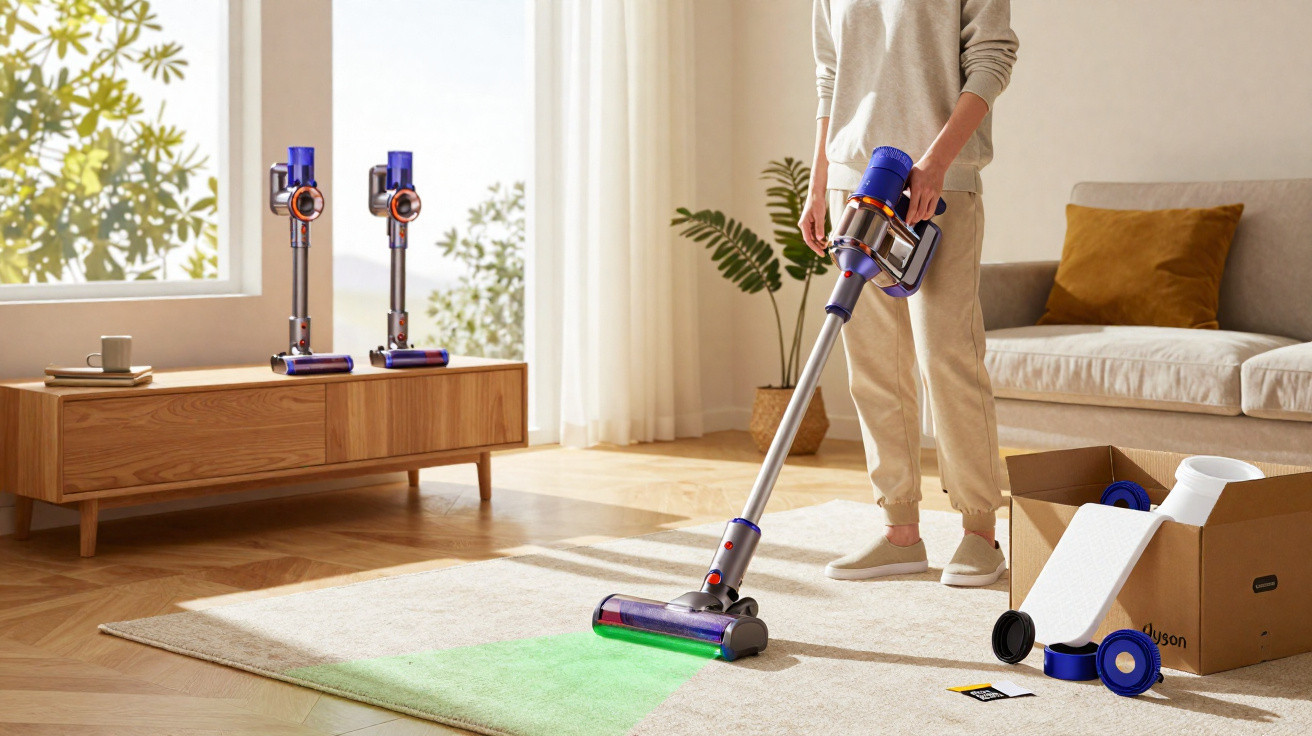 Person vacuuming light-coloured carpet with a cordless vacuum cleaner in a bright, modern living room.