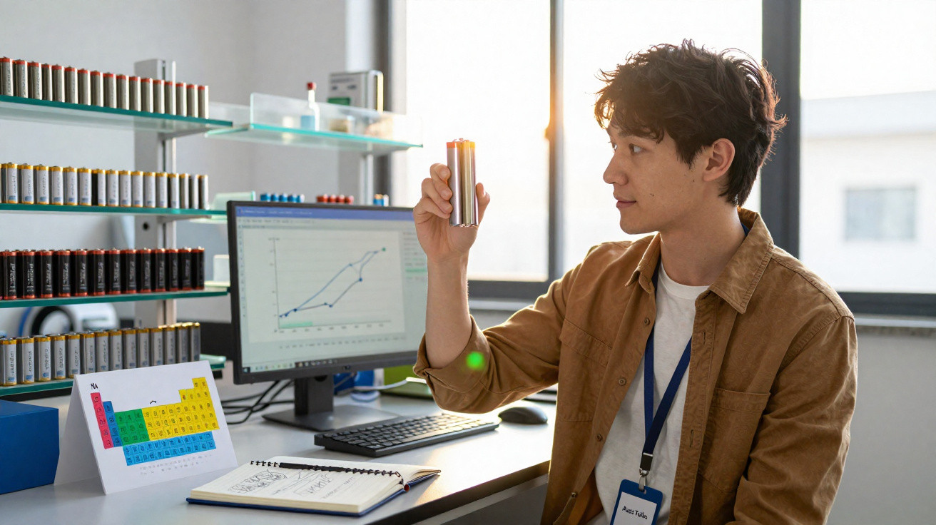 Young male scientist examining batteries in a lab with computer screens and periodic table chart nearby.
