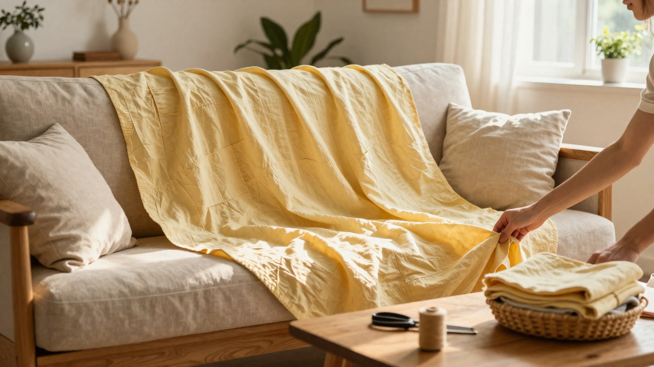 Person spreading a yellow cloth over a beige sofa in a bright, cozy living room with plants and cushions.