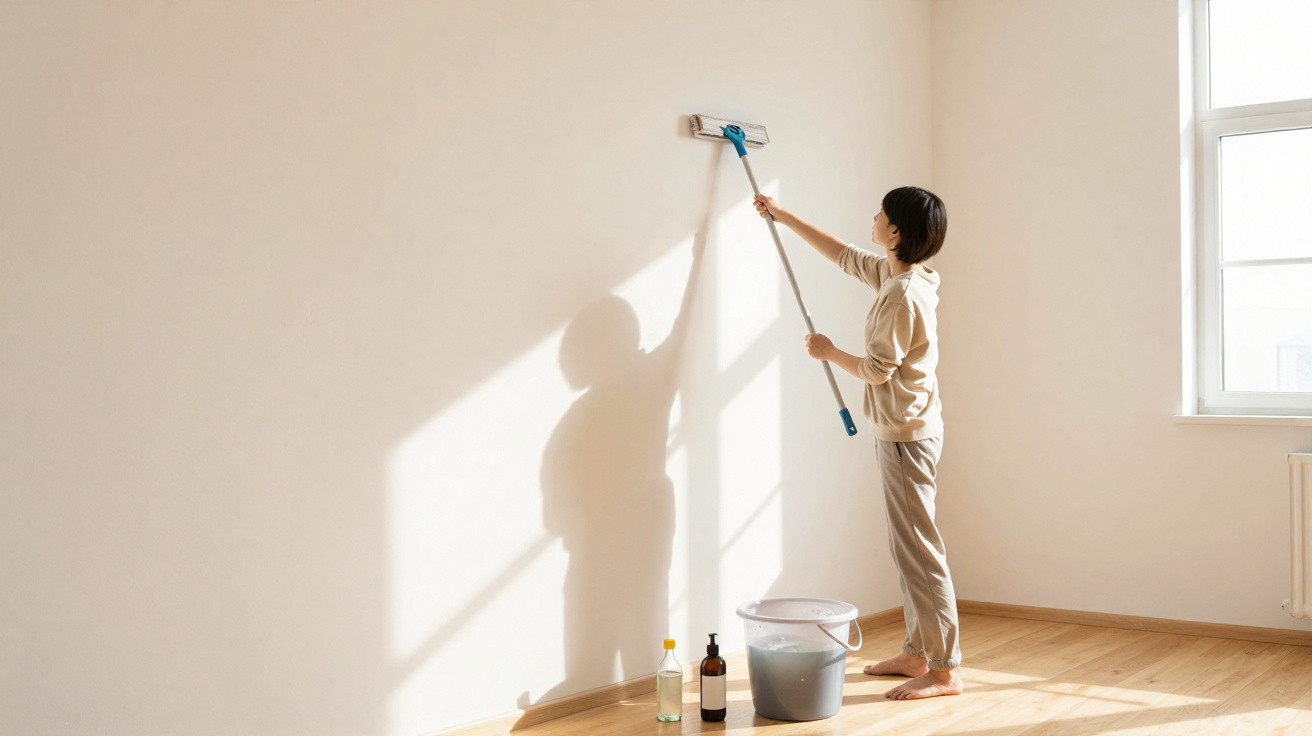 Person cleaning a high wall with a mop in a sunlit empty room with a bucket and cleaning supplies.