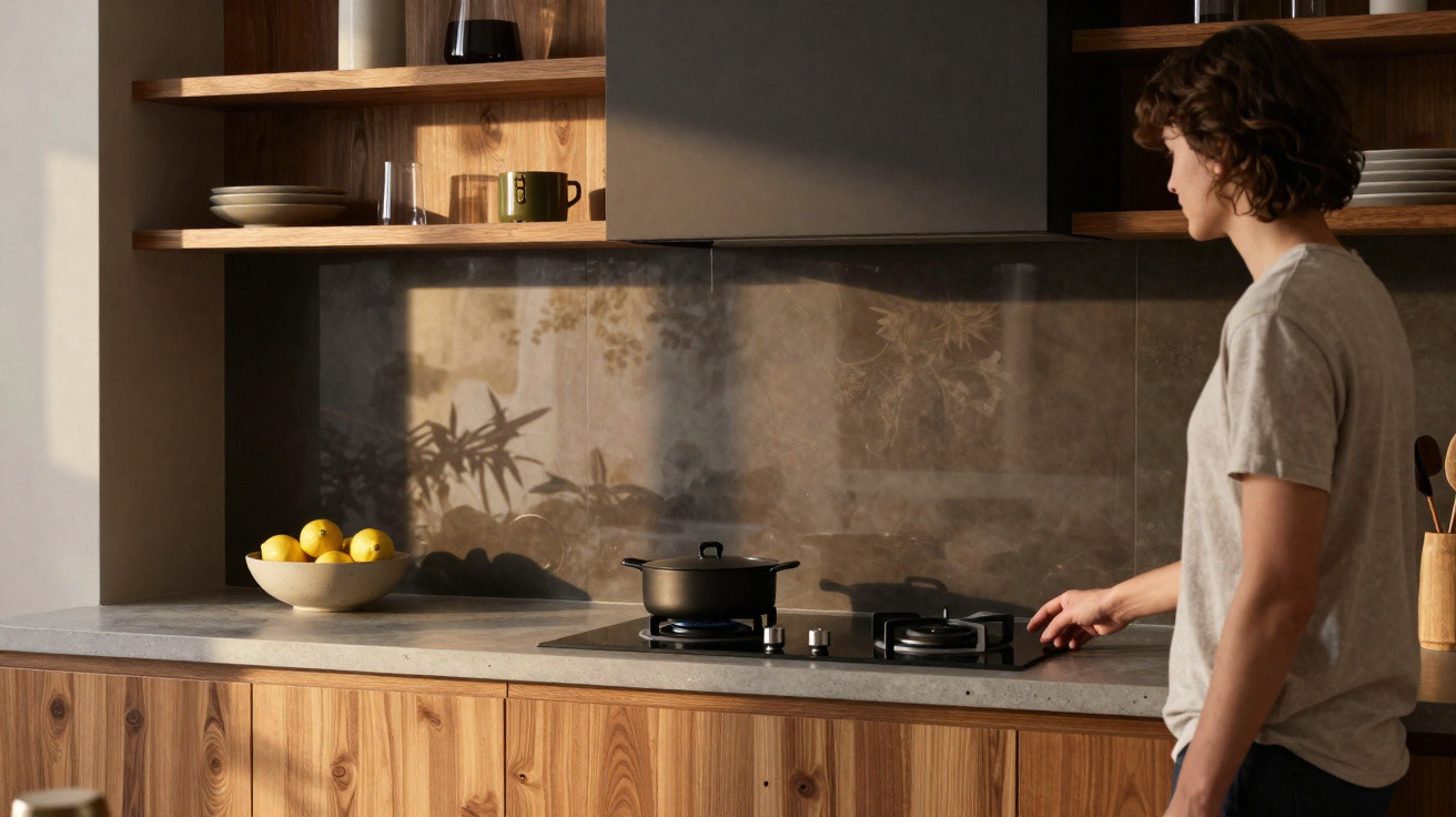 Person adjusting a modern gas stove in a wooden kitchen with a bowl of lemons and shelves in the background.