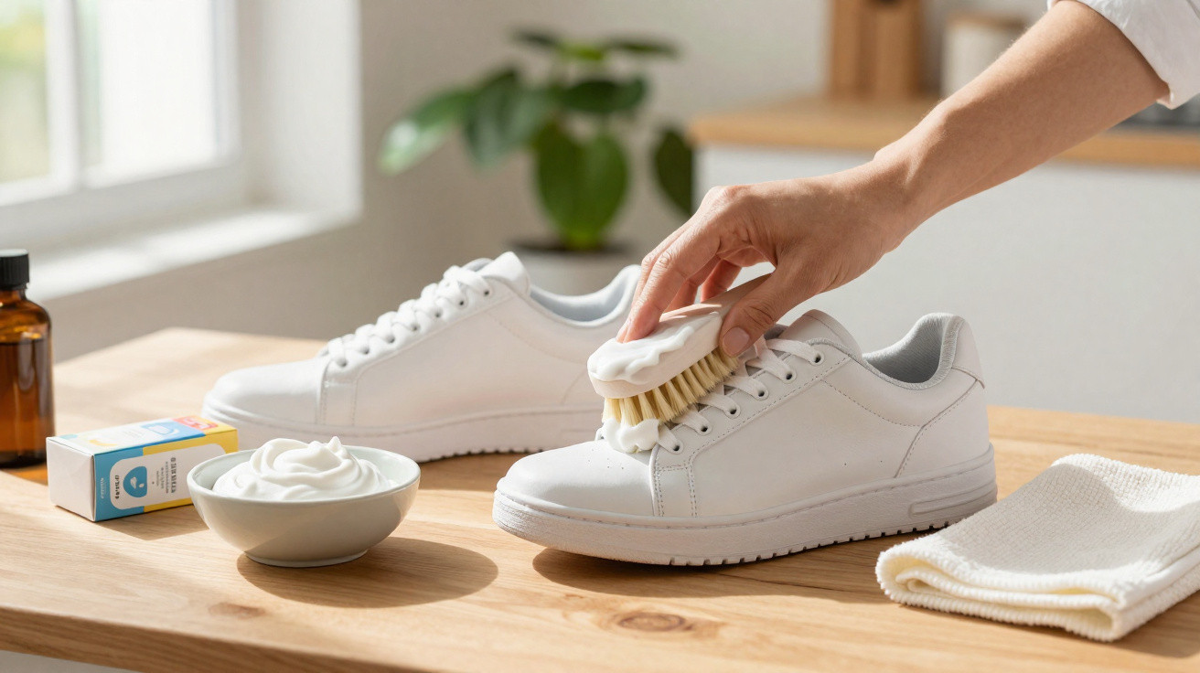 Hand cleaning white leather trainers with a brush and cleaning cream on a wooden table near cloth and cleaning supplies.