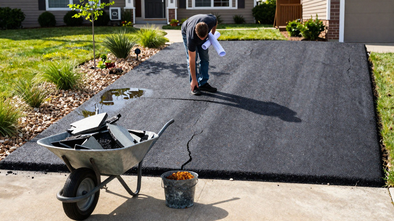 Man inspecting a cracked newly paved driveway with a wheelbarrow and bucket nearby in front of a house.