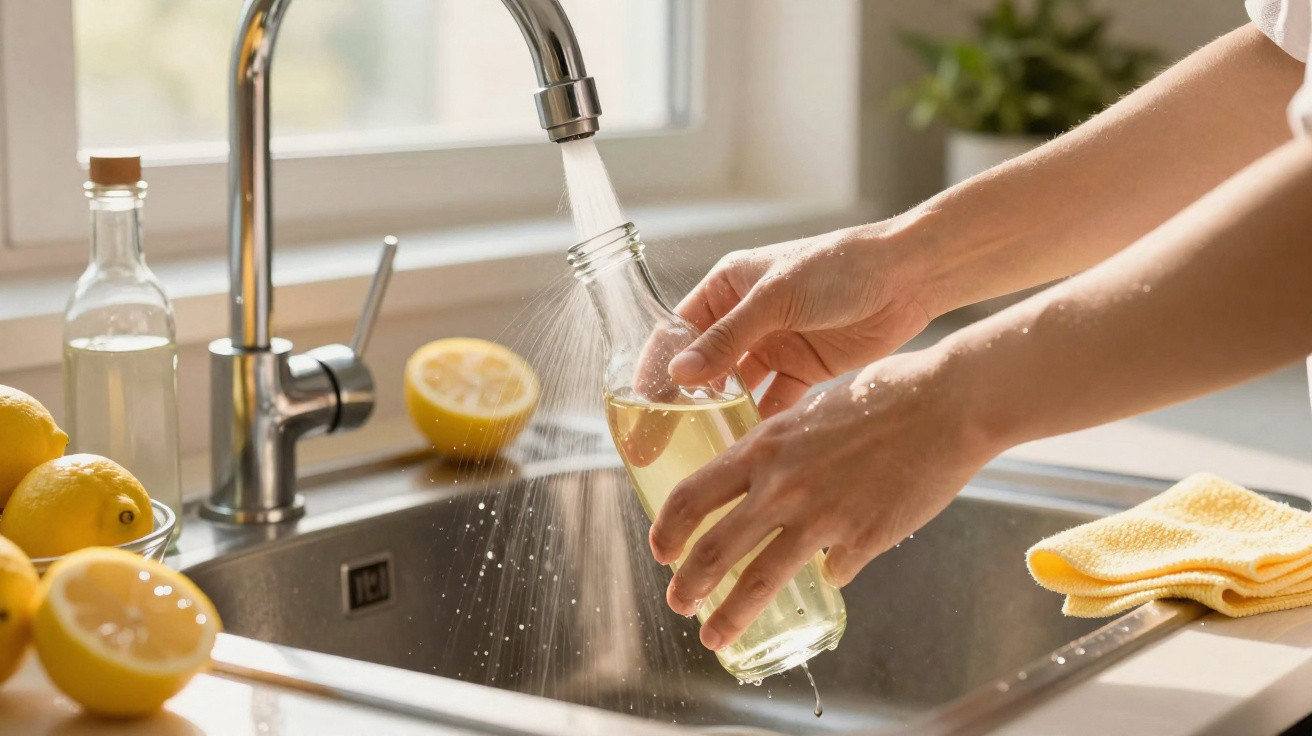 Person rinsing a glass bottle under a kitchen tap beside lemons and a yellow cloth on the counter.