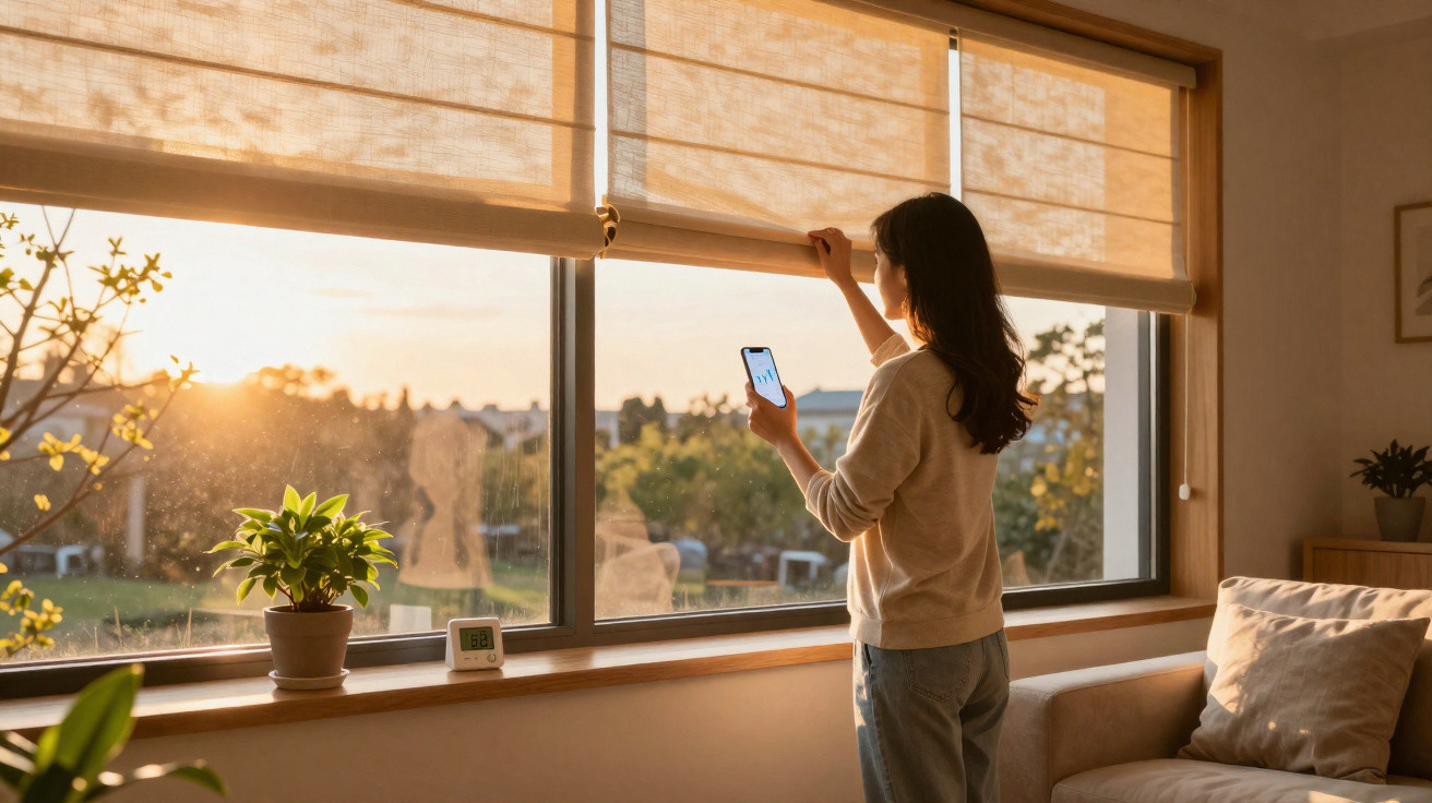 Woman adjusting window blinds while holding a smartphone in a sunlit living room at sunset.