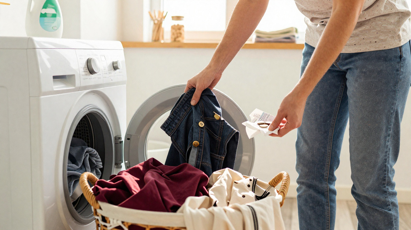 Person loading clothes into a front-loading washing machine with a basket of laundry nearby in a sunlit room.