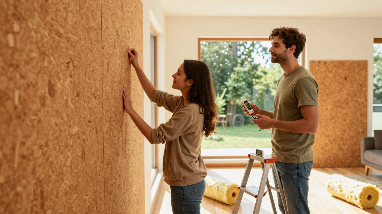 Couple installing wooden panels on a wall inside a bright room with large windows and garden view.