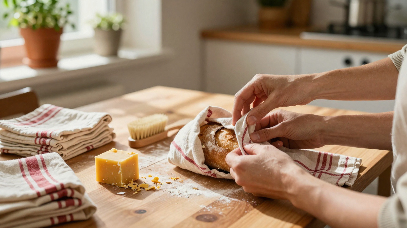 Hands wrapping a freshly baked loaf of bread in a striped cloth on a wooden kitchen table with cheese.