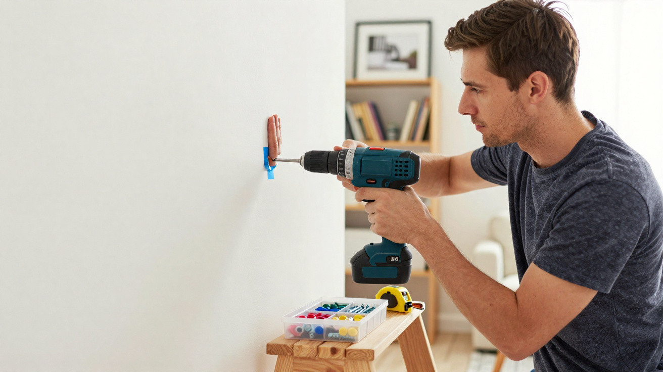 Man using a cordless drill to hang an object on a white wall in a well-lit room.