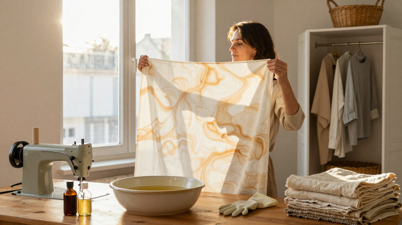 Woman holding up a patterned fabric in a sunlit room with sewing machine and folded textiles on the table.