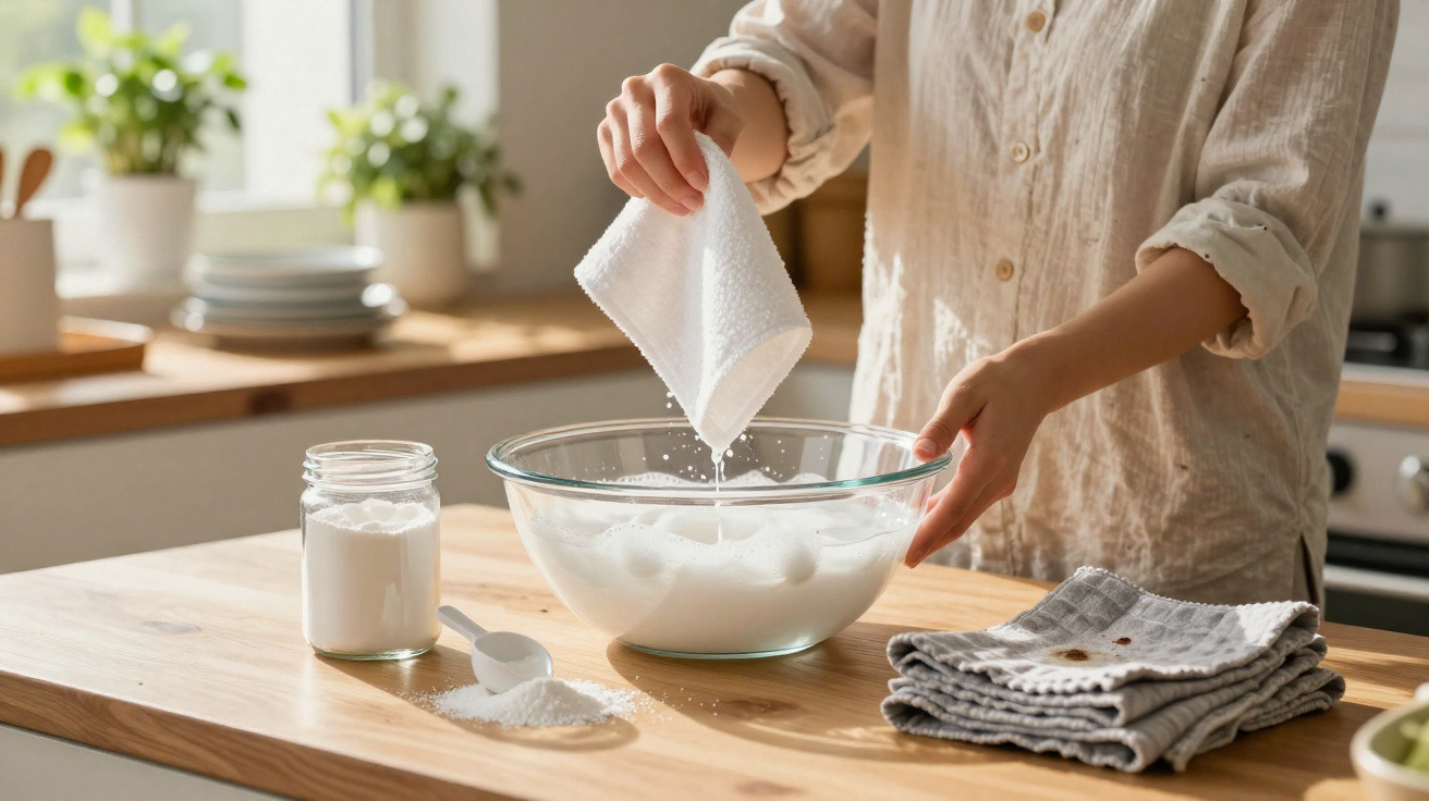 Person sprinkling white powder into a glass bowl on a wooden kitchen counter with folded cloths nearby.