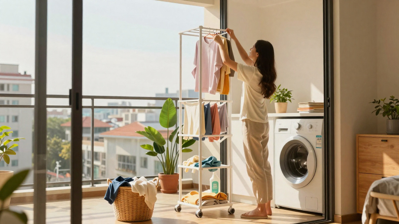 Woman hanging clothes to dry on a rack near a washing machine in a sunlit room with a balcony view.