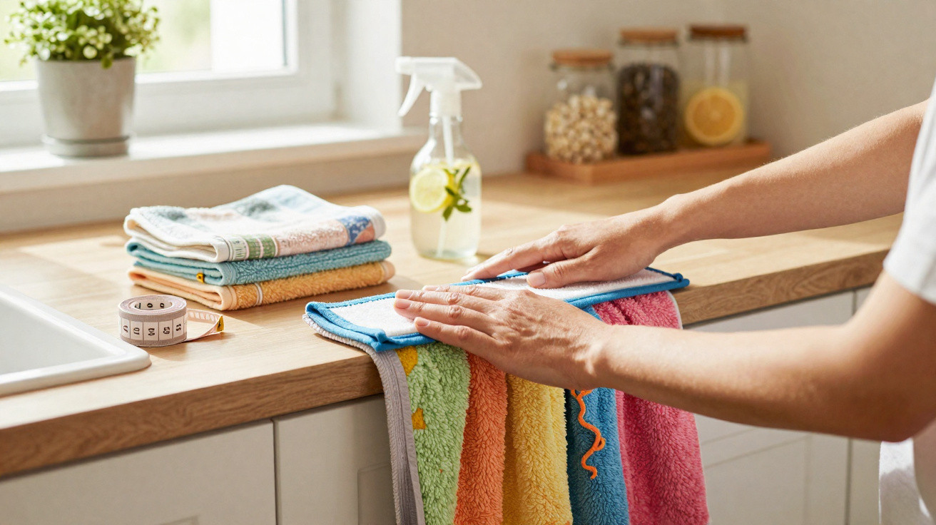 Hands folding colourful towels on a kitchen countertop next to a spray bottle and stacked cloths by a window.