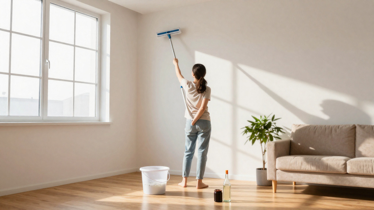 Woman cleaning a large window with a squeegee in a bright, minimally furnished living room.