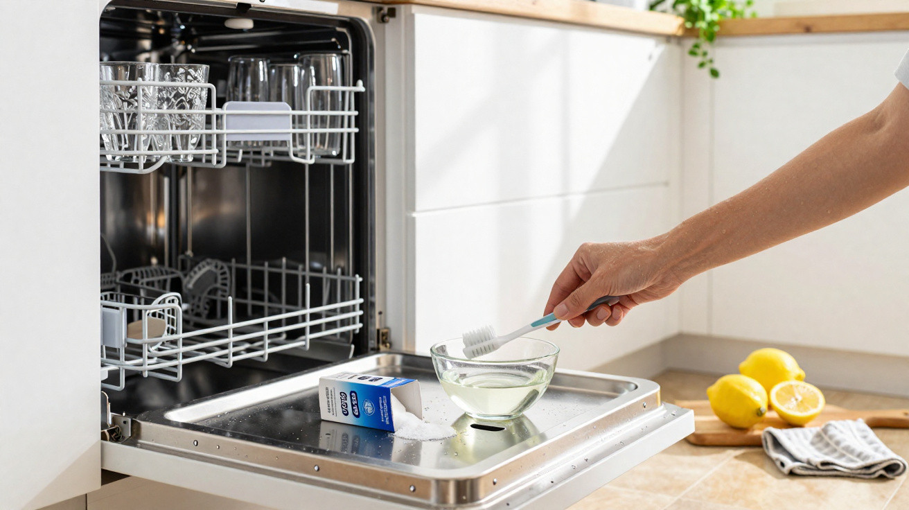 Hand holding a toothbrush scrubbing inside a dishwasher with a bowl of vinegar and box of baking soda nearby.