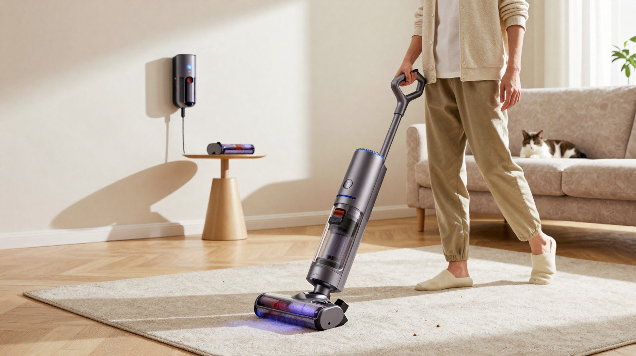 Person vacuuming light beige carpet with a cordless vacuum cleaner in a bright living room.