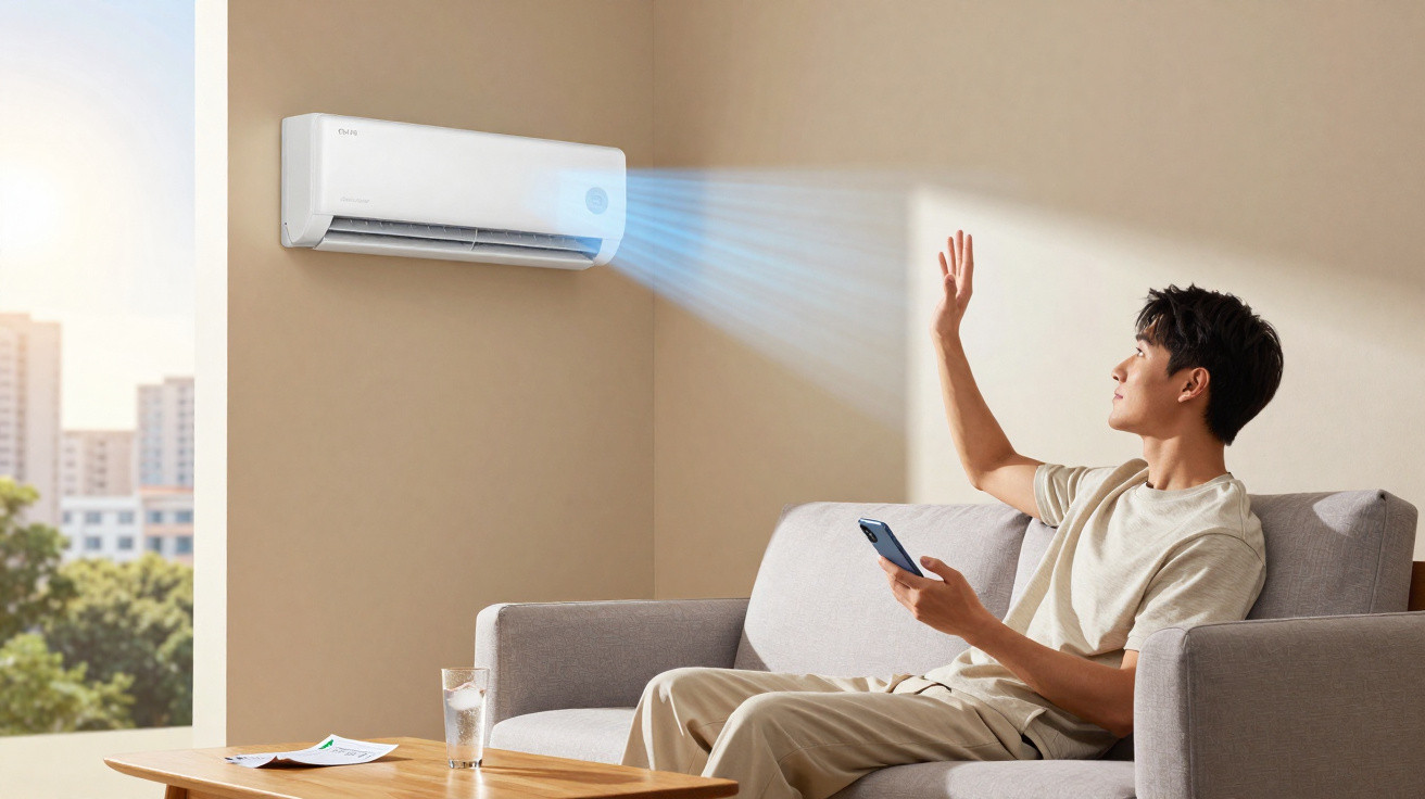 Young man sitting on a sofa controls a wall-mounted air conditioner with a remote on a sunny day.