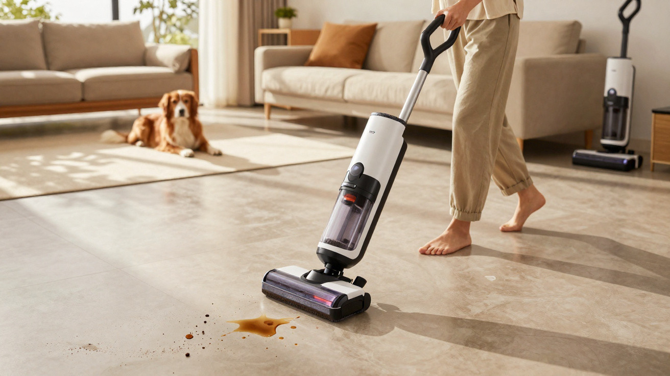 Person vacuuming spill and dirt on tiled floor in bright living room with dog lying on rug in background.