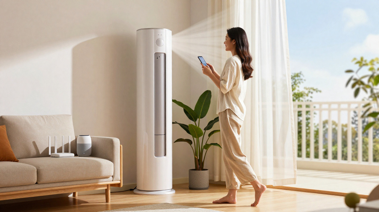 Woman using smartphone to control tall white air purifier in bright living room with sofa and plant
