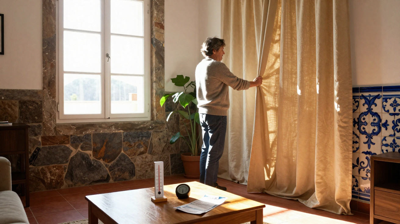 Person opening beige curtains in a sunlit living room with stone walls and a potted plant by the window.