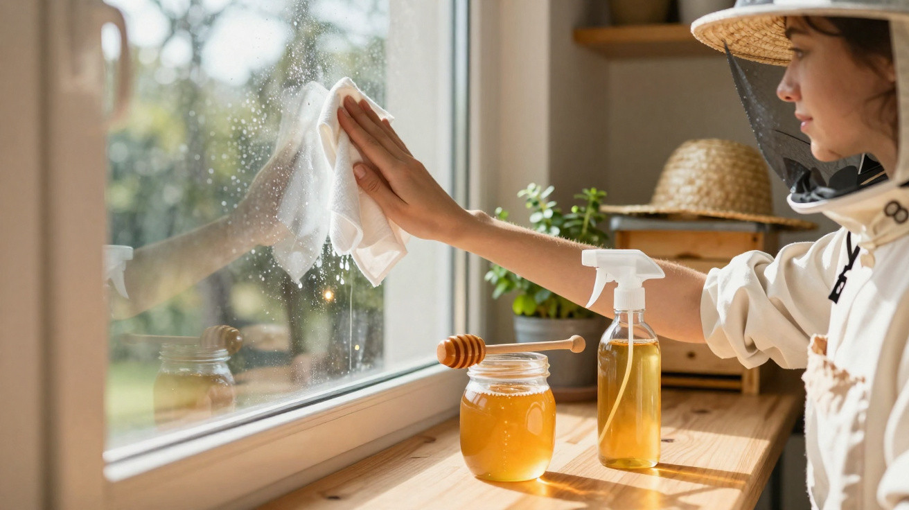 Person in beekeeping gear cleaning a window next to a jar of honey and spray bottle on a wooden surface.