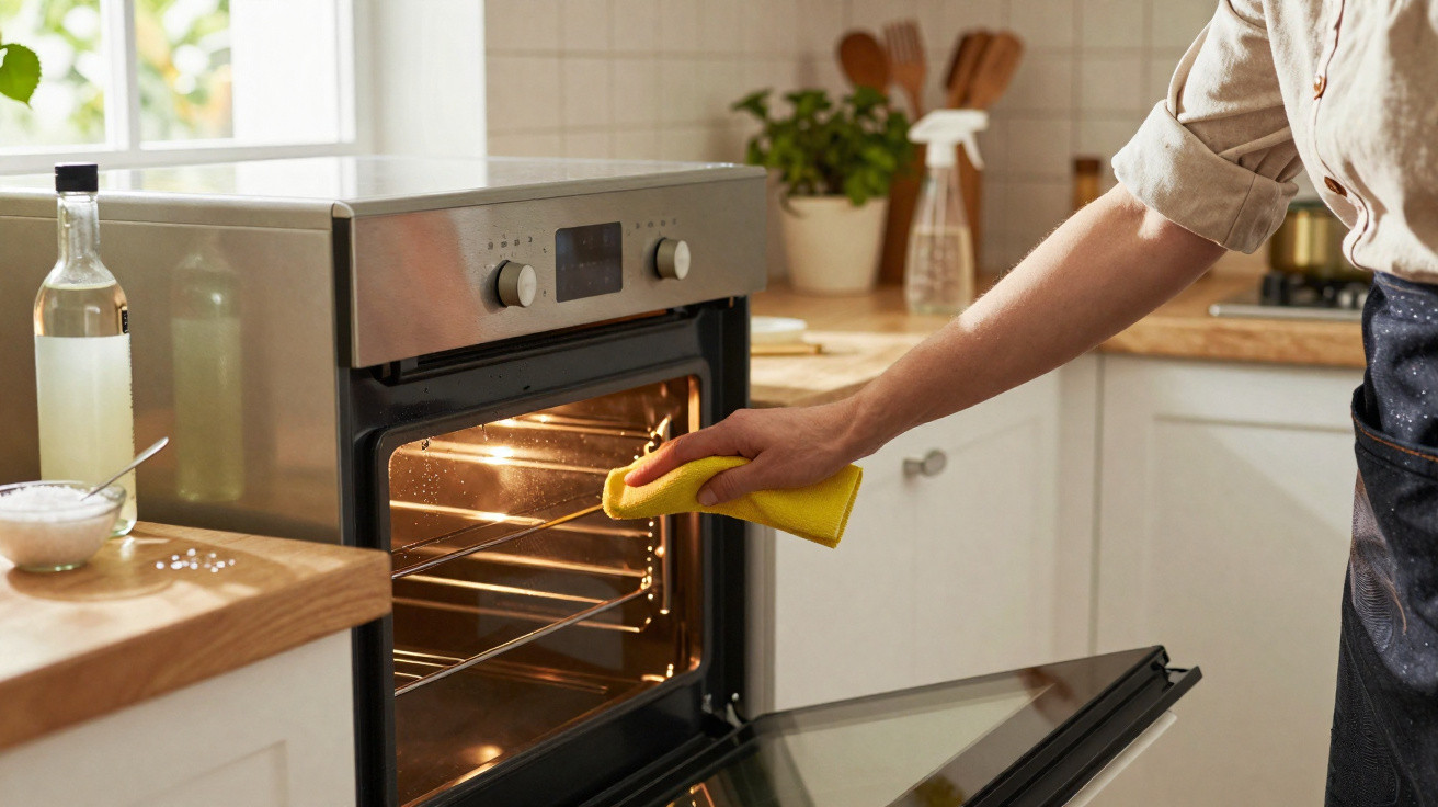 Person cleaning the inside of a lit kitchen oven with a yellow cloth in a bright modern kitchen.