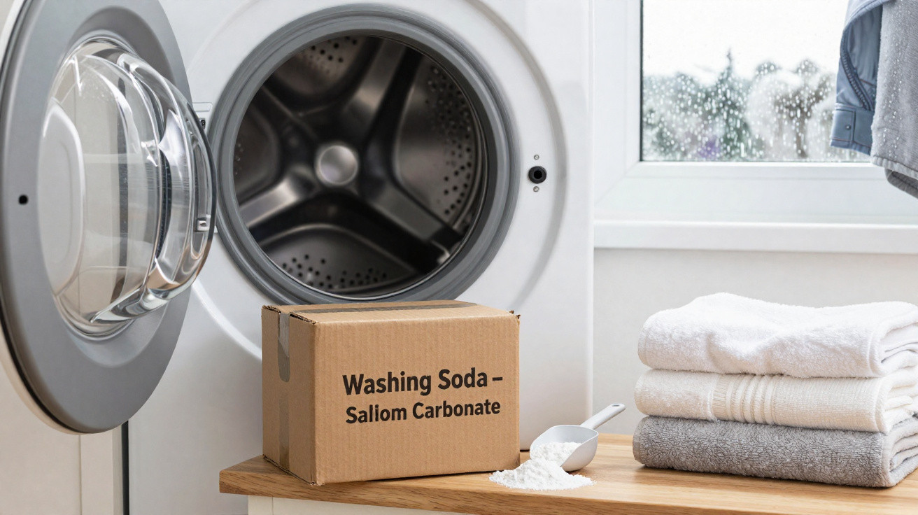 Open front-loading washing machine next to a box of washing soda, scoop, and folded towels on a wooden surface.