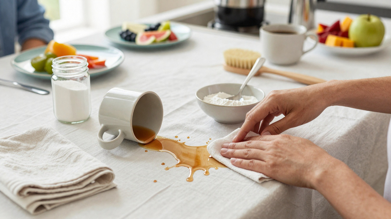 Hands wiping spilled coffee from a white tablecloth next to a tipped cup and breakfast plates.