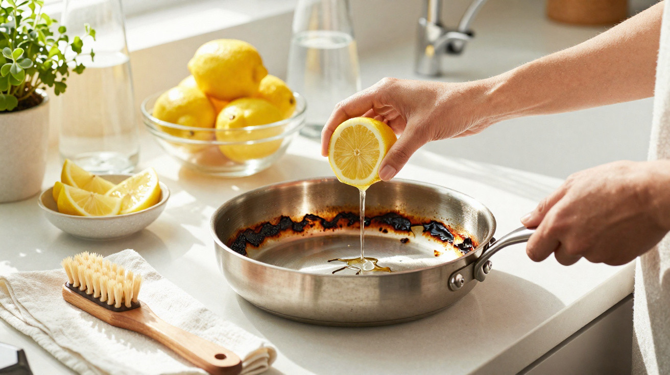 Hand squeezing lemon juice into a burnt stainless steel frying pan on a kitchen counter.