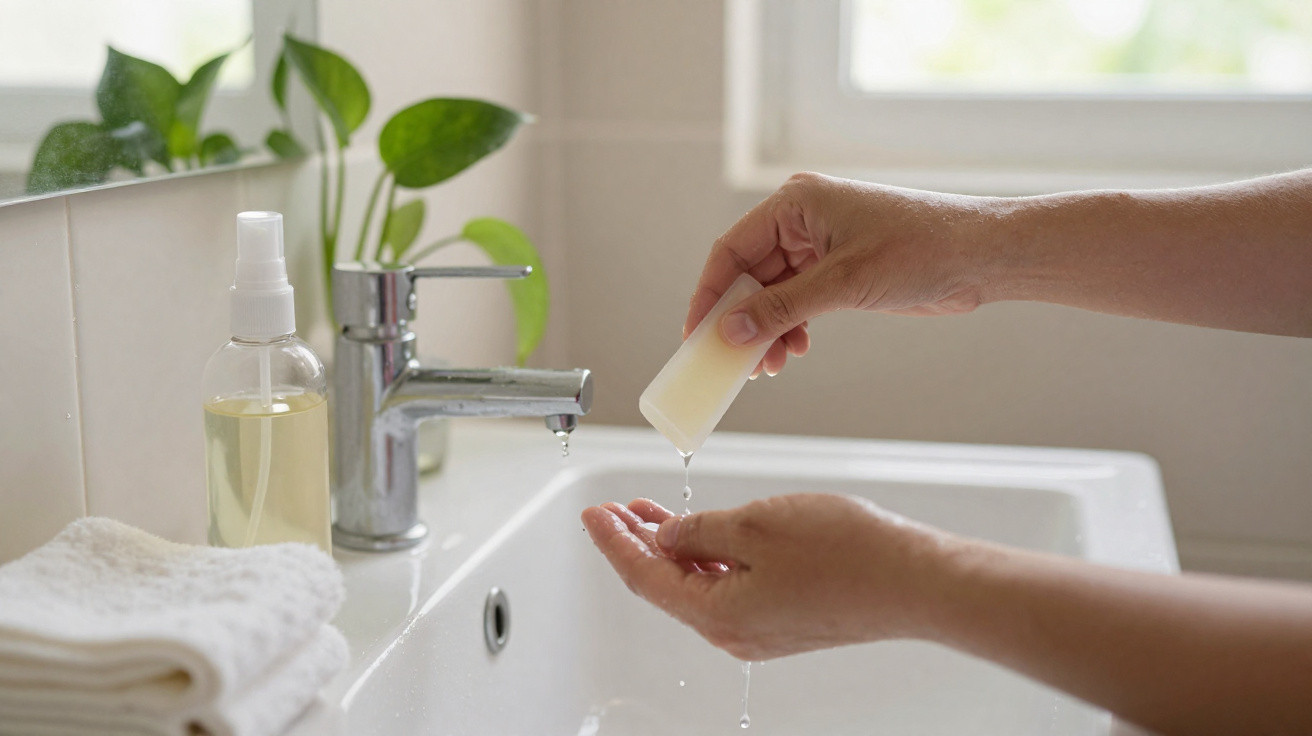Person holding a solid soap bar over a white sink with water dripping and a towel and spray bottle nearby