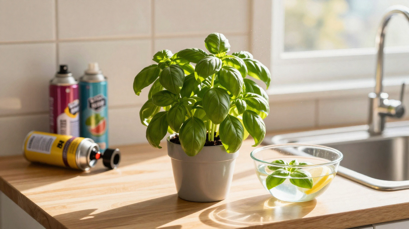 Basil plant in a pot and fresh basil leaves soaking in a glass bowl on a wooden kitchen counter.