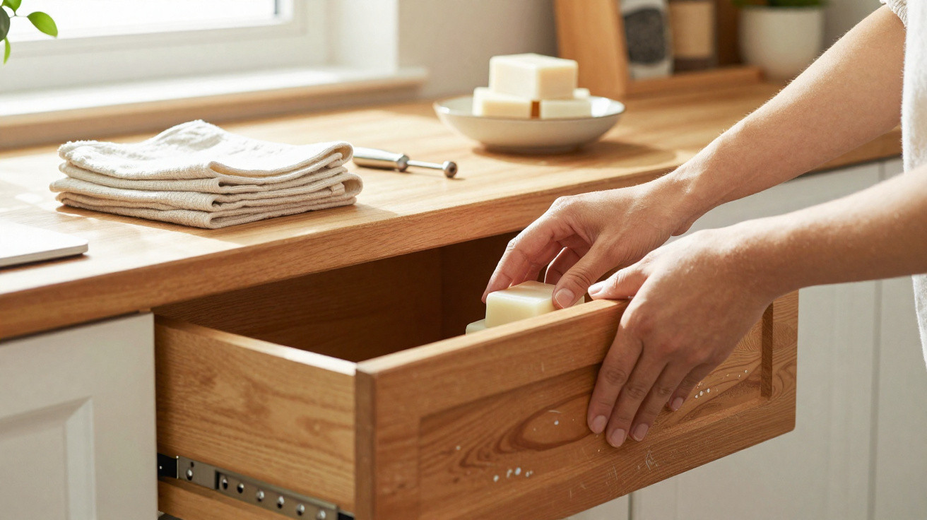 Hands placing a soap bar into an open wooden kitchen drawer with folded towels and soap bars on the counter above.