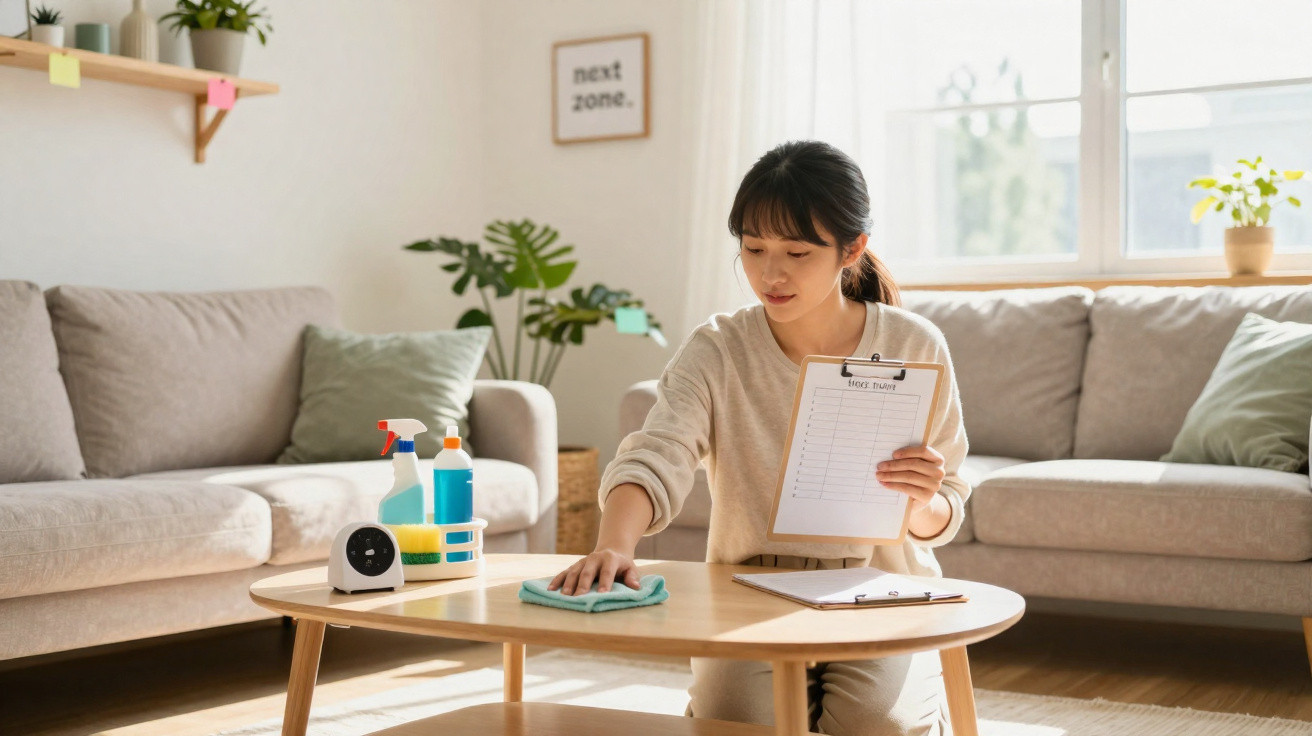 Woman cleaning a wooden coffee table with spray bottles and a checklist in a bright living room.