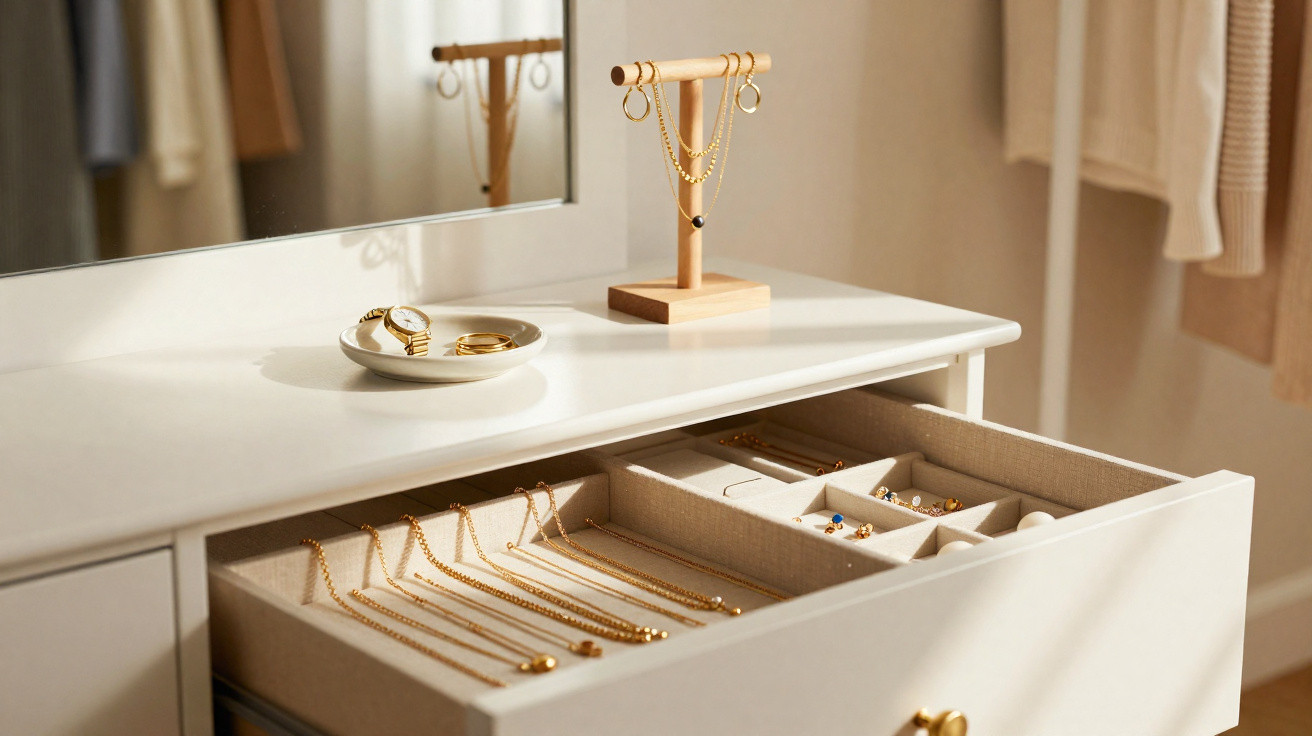 Open drawer with organised gold jewellery including necklaces and earrings on a white vanity table beneath a mirror.