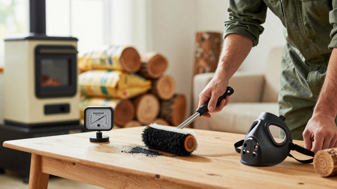 Person using a roller brush to apply charcoal powder on wood with a respirator mask and gauge on a table in a workshop.