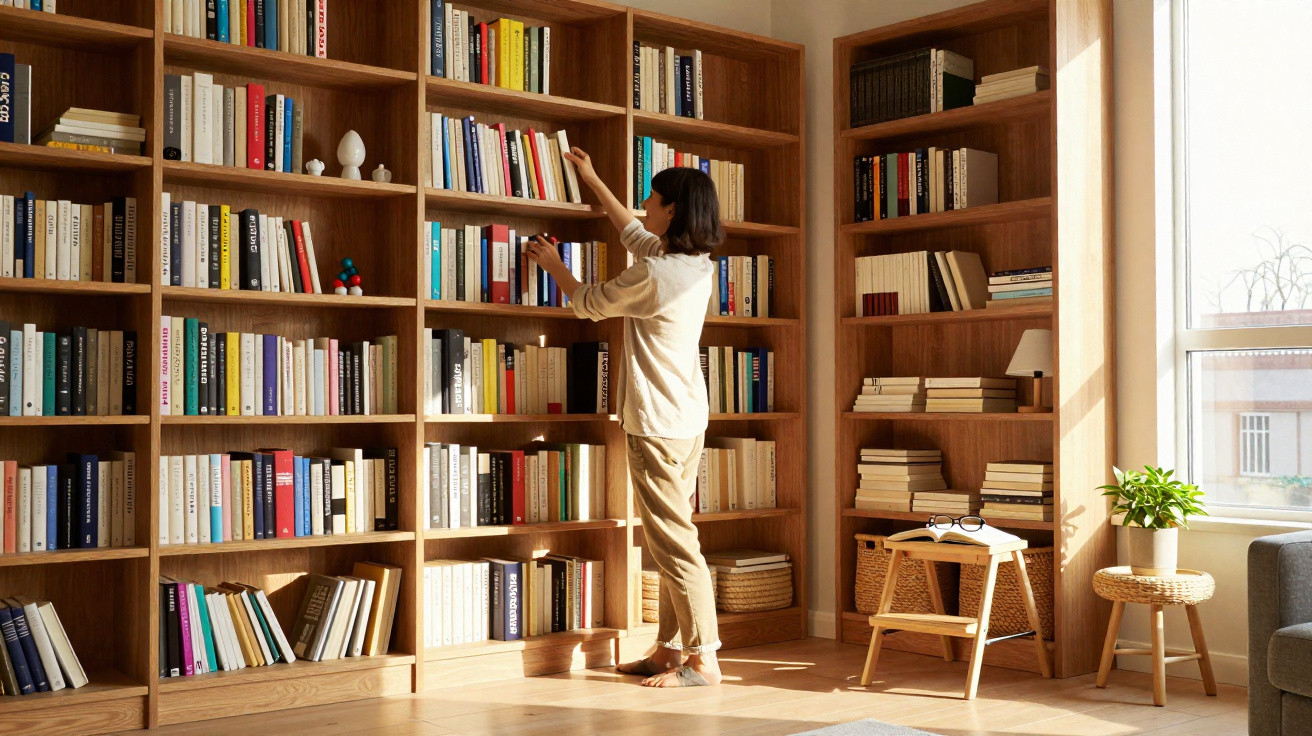 Woman in beige clothes organising books on a large wooden bookshelf in a sunlit living room.