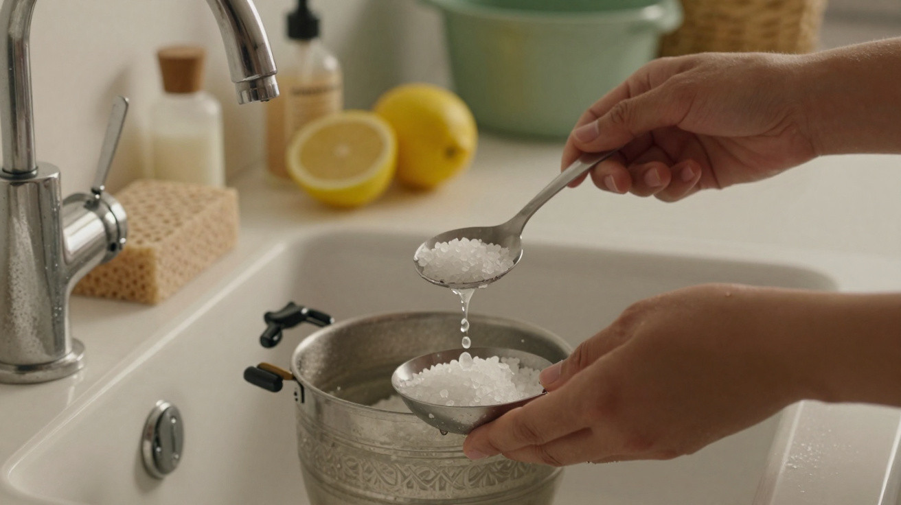 Person scooping bath salts into a strainer over a decorative silver bucket in a bathroom sink.