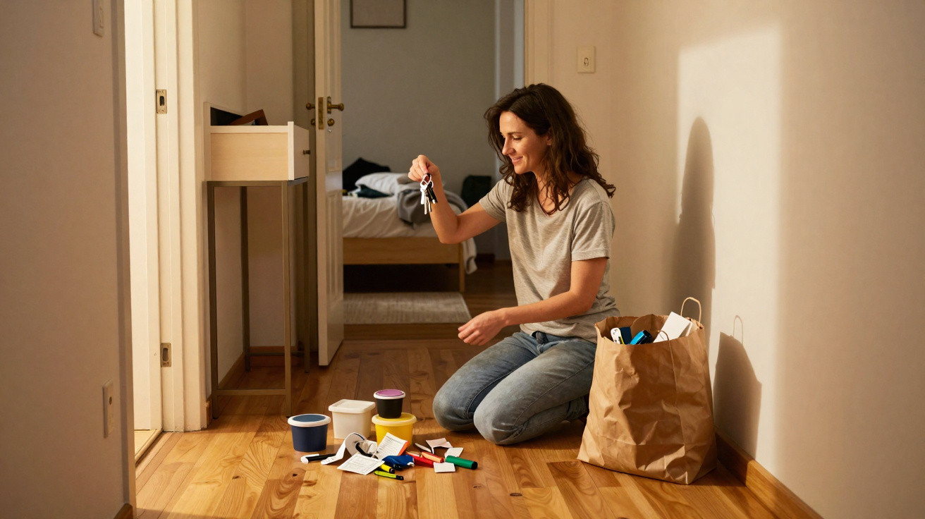 Woman kneeling on wooden floor holding keys with moving boxes and items beside her in a bright hallway.