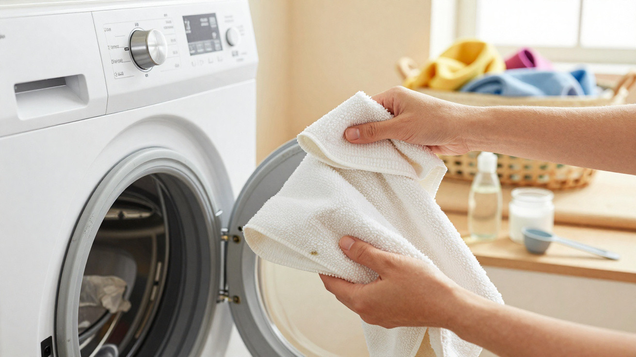 Person holding a white towel in front of an open washing machine with laundry basket in background.