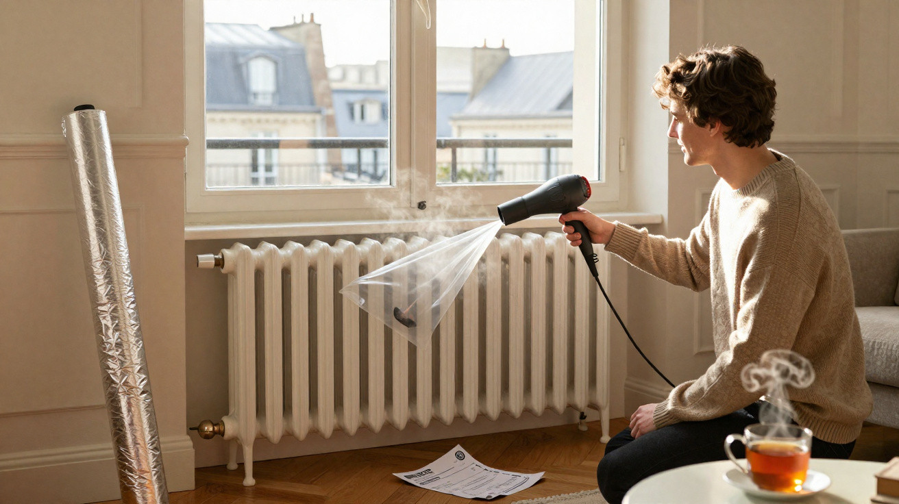 Person using a hair dryer with plastic covering to warm a radiator in a cosy room.