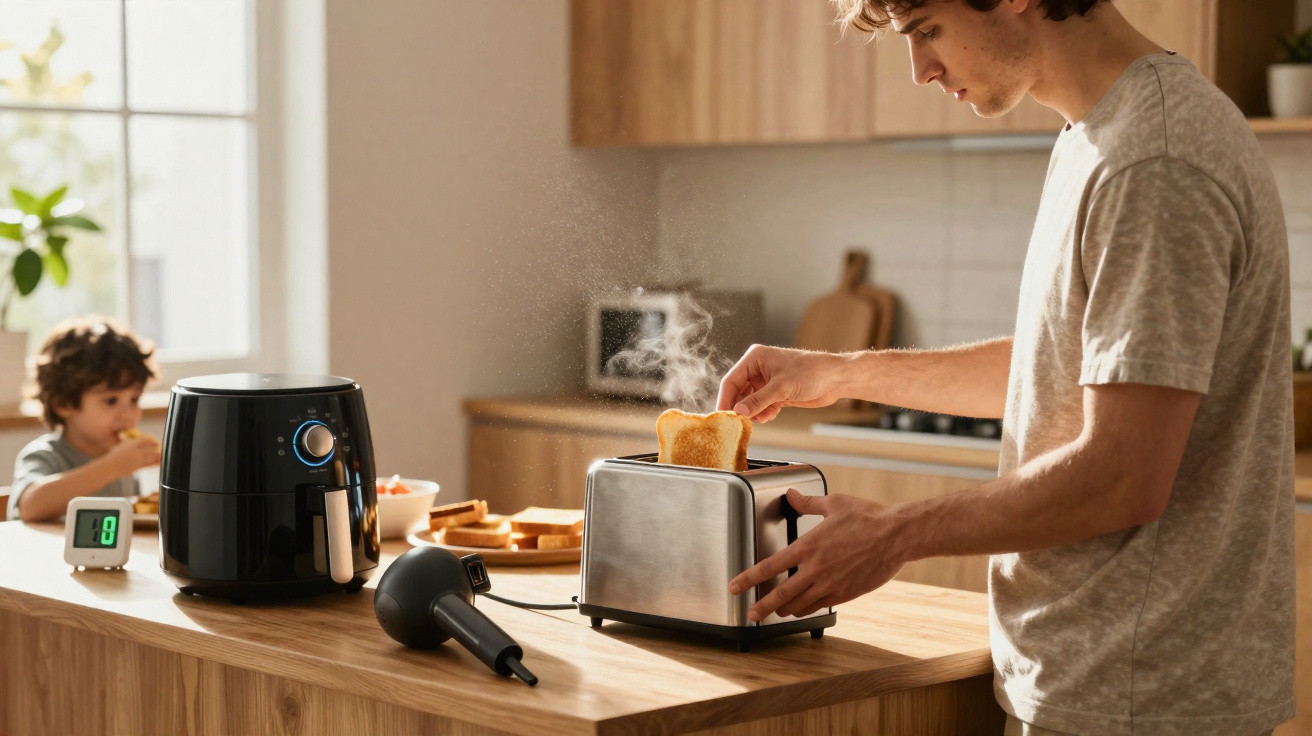 Young man removing steaming toast from a toaster in a bright kitchen with a child eating in the background.
