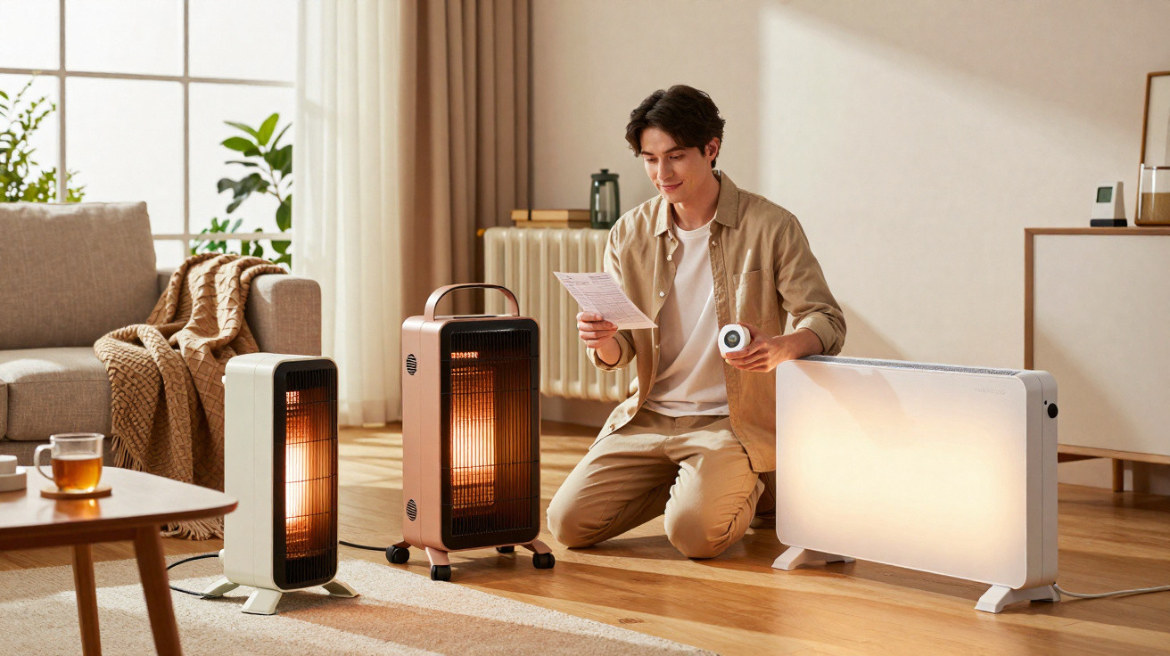 Young man adjusting settings on three different electric heaters in a cosy living room.
