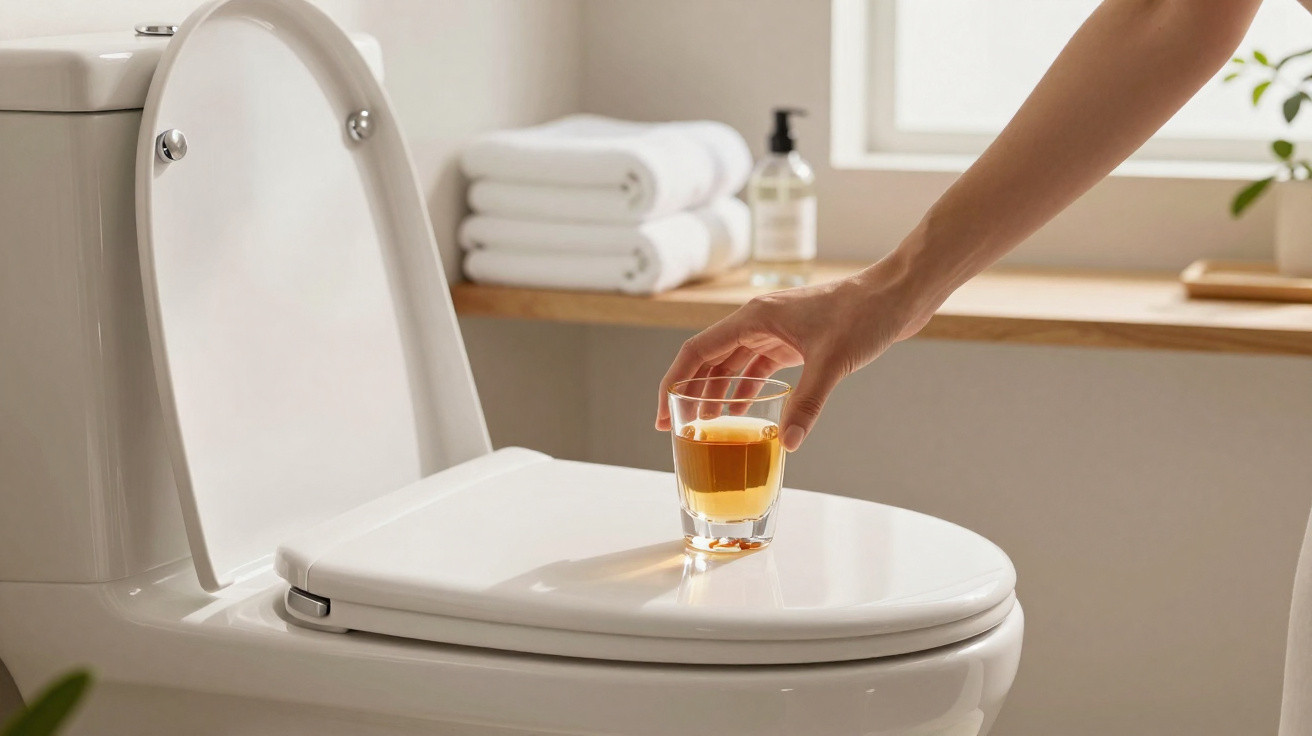 Hand placing a glass of amber liquid on the closed lid of a white toilet in a bright bathroom.