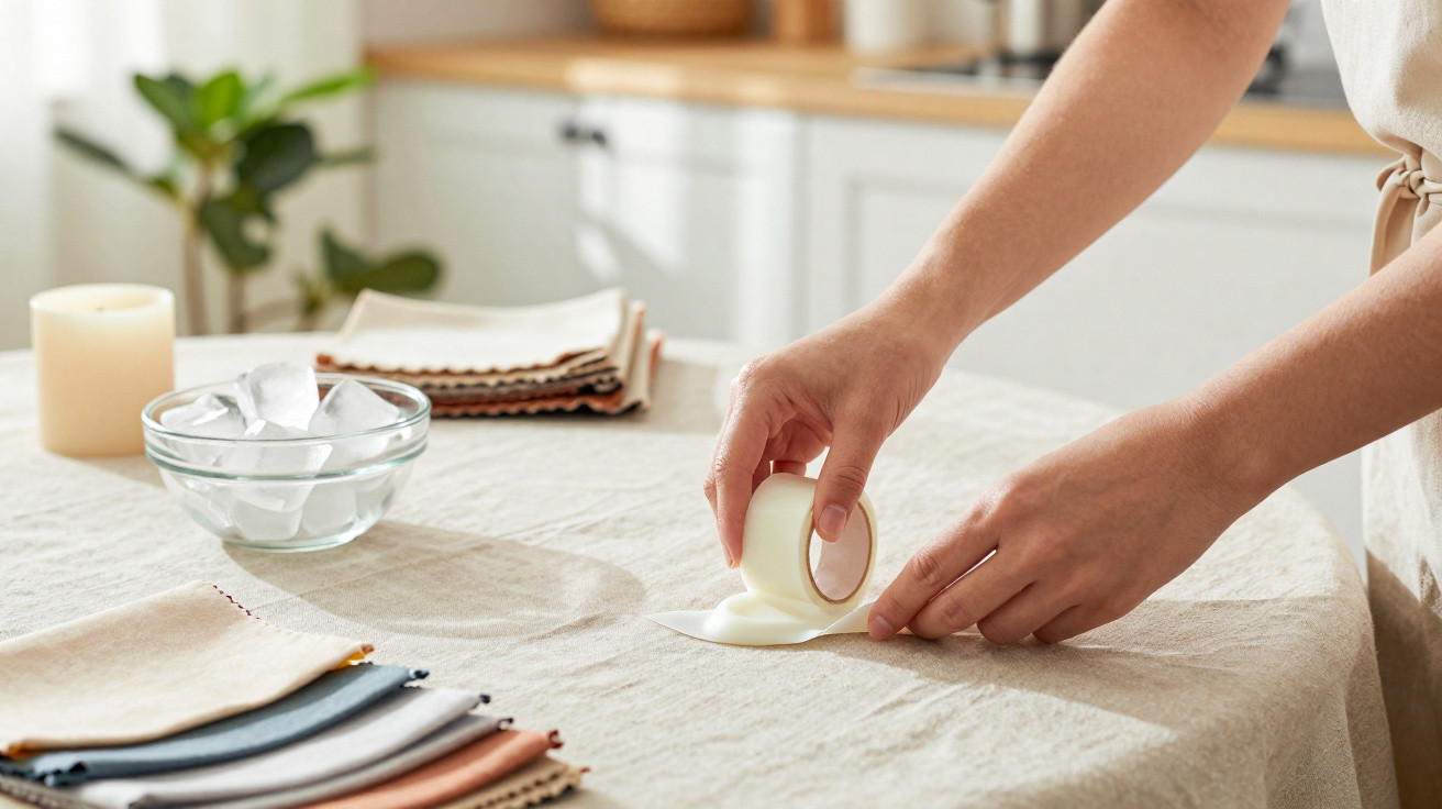 Person using tape to fix a spill on a beige tablecloth with fabric samples and a bowl of ice nearby