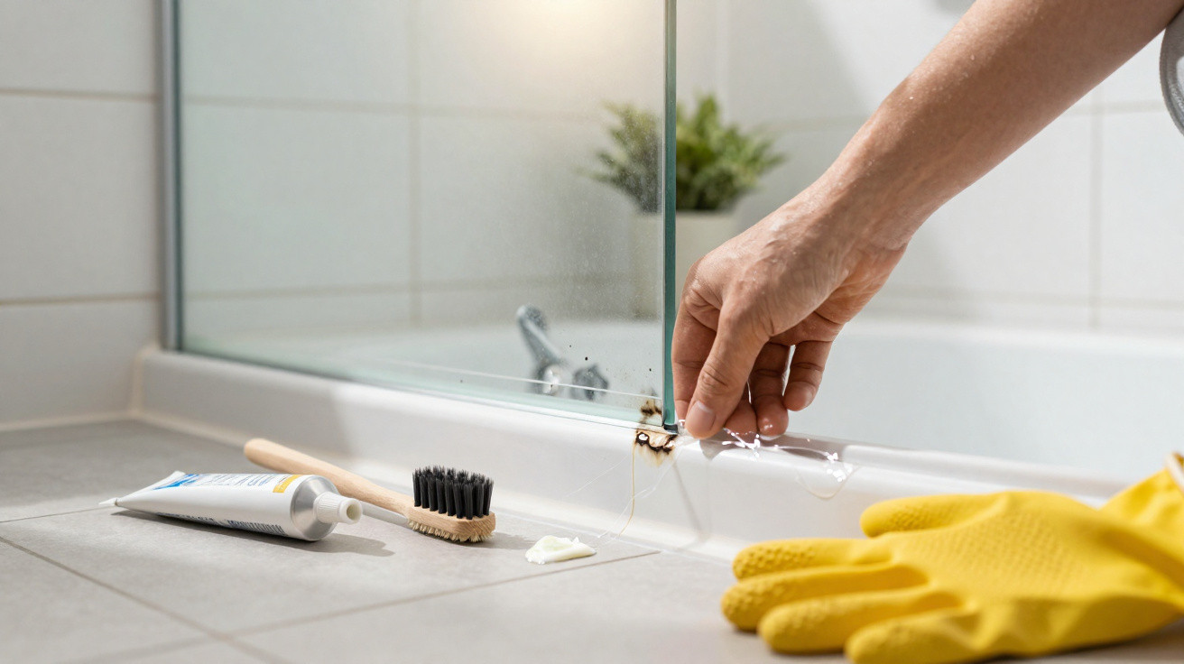 Hand cleaning rust from shower glass frame with cleaning products and yellow gloves on tiled bathroom floor.